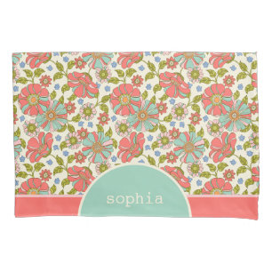 Retro Rosa und Aqua Floral Personalisiert Kissenbezug