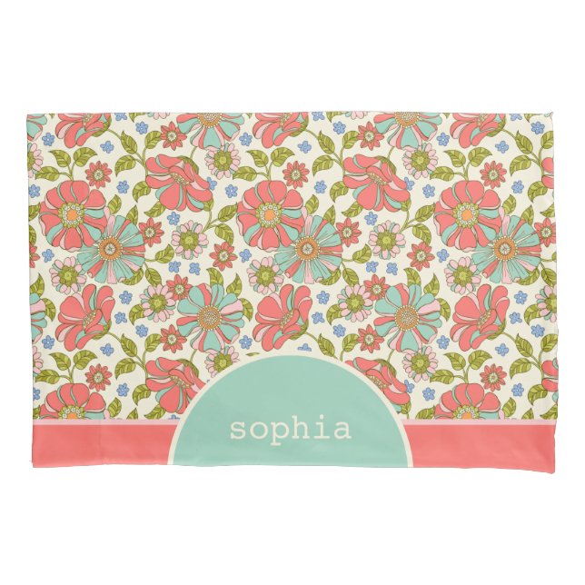 Retro Rosa und Aqua Floral Personalisiert Kissenbezug (Vorderseite)