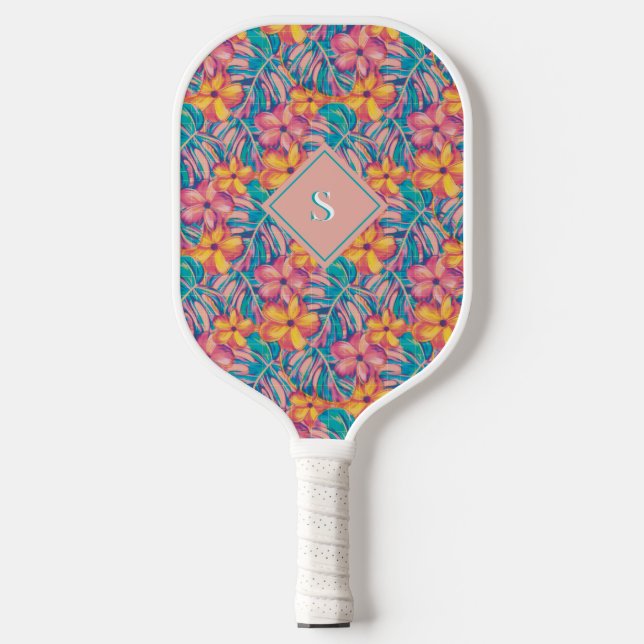Retro Rosa und Gelb Florals Pickleball Schläger (Vorderseite)