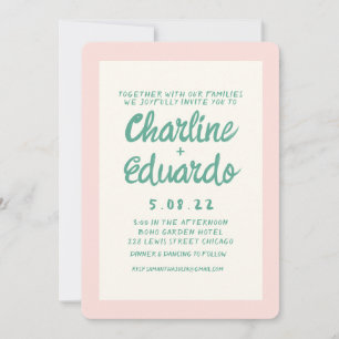 Retro-Rosa- und Grün-Schreibschrift-Hochzeit Einladung