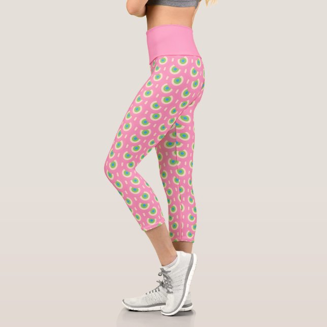 Retro-rosa und grünes Muster Capri Leggings (Links)