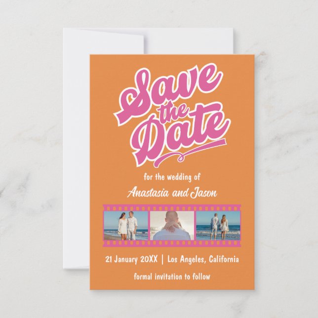 Retro Rosa und Orange Wedding Save the Date Card (Vorderseite)
