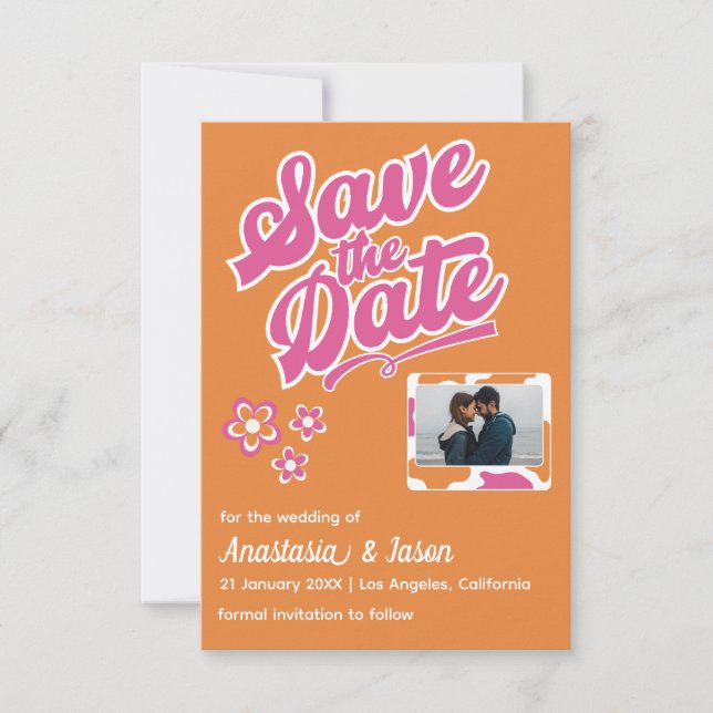 Retro Rosa und Orange Wedding Save the Date Card (Vorderseite)
