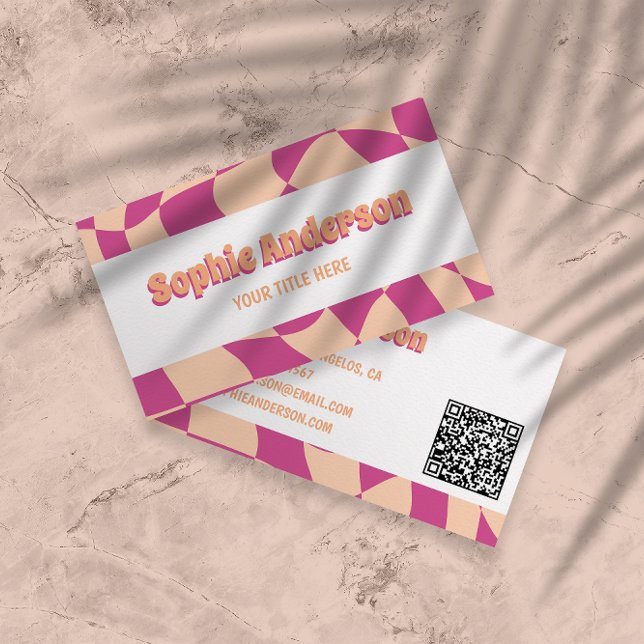 Retro-Rosa- und Pfirsich-Wellenmuster mit QR-Code  Visitenkarte (Von Creator hochgeladen)