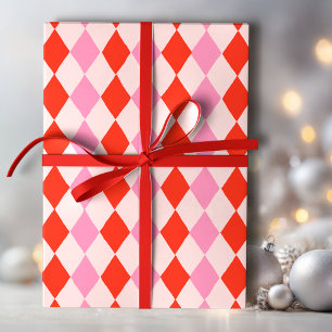 Retro-Rosa und Rot Handgezeichnetes Diamantmuster  Geschenkpapier