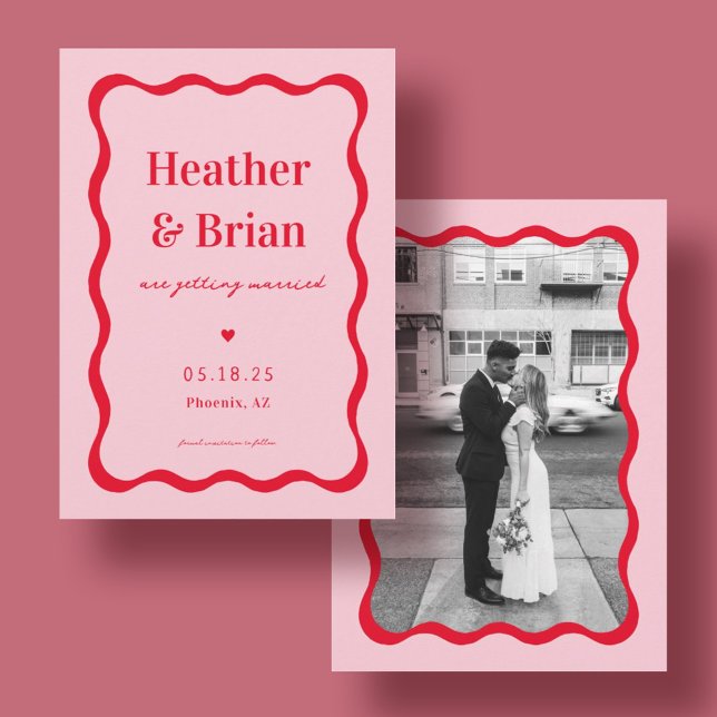Retro-Rosa- und Rot-Squiggle-Foto Hochzeit Save The Date (Von Creator hochgeladen)