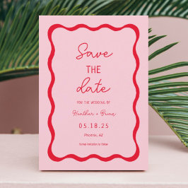 Retro-Rosa- und Rot-Squiggle-Hochzeit speichern Si Save The Date