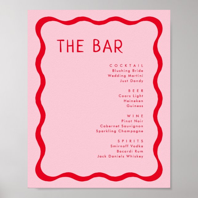 Retro Rosa und Rotes Wavy Bar Drink Menü Poster (Vorne)