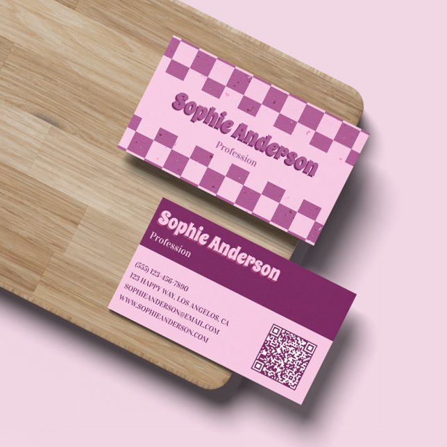 Retro Rosa & Violett Schachbrett mit QR-Code Visitenkarte (Von Creator hochgeladen)