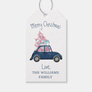 Retro-Rosa-Weihnachtsbaum-Blaues-Auto-Frohe-Weihna Geschenkanhänger