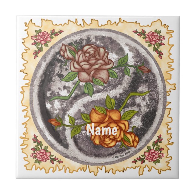 Retro Roses Yin Yang Fliese (Vorderseite)