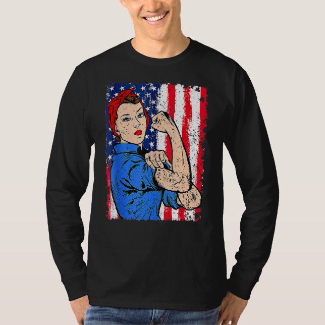 Retro Rosie The Riveter Feminist USA Flag 4. J T-Shirt (Vorderseite)