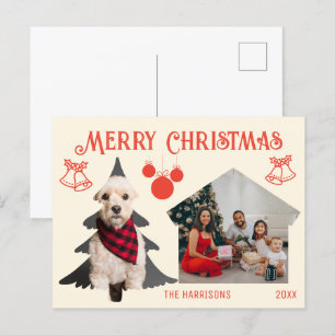 Retro-Rot-Creme-Familienhaustier-Foto-Weihnachten Postkarte