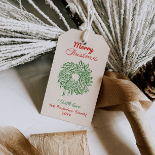 Retro-Rot-Grüne-Gezeichnete-Schleifen-Weihnachtskr Geschenkanhänger