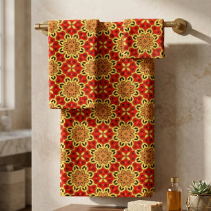 Retro-Rot-Orange-Gelbes Boho-Geometrisches Mosaik Badhandtuch Set