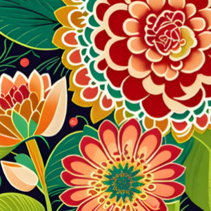 Retro Rot, Orange, Grüne Blüte, Boho, Hippie Wandteppich