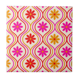 Retro-Rot-Pink-Orange-Blumen auf Ogee-Muster  Fliese