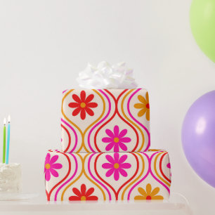 Retro-Rot-Pink-Orange-Blumen auf Ogee-Muster  Geschenkpapier