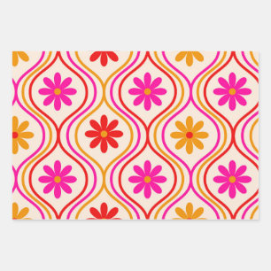 Retro-Rot-Pink-Orange-Blumen auf Ogee-Muster Geschenkpapier Set