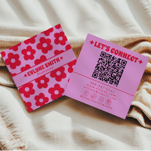 Retro-Rot-Pink- QR-Code Groovy-Blumen-Mädchen-Tren Quadratische Visitenkarte
