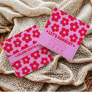 Retro-Rot Pinke Groovy-Blumen Boho-Mädchen-Trendy- Quadratische Visitenkarte