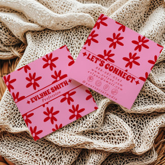 Retro-Rot Pinke Groovy Florale Boho-Mädchen-Trendy Quadratische Visitenkarte