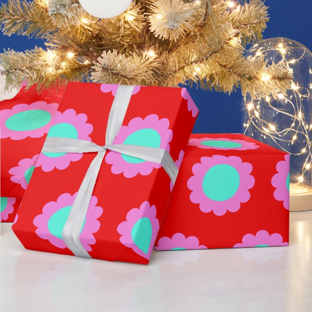 Retro-Rot-Pop-Floral-Muster Mod 60er Jahre Boho-St Geschenkpapier (Feiertage)