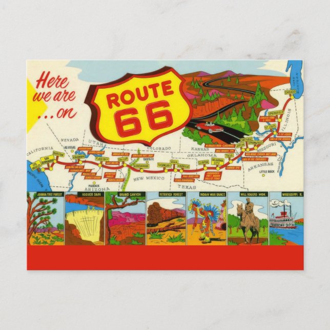 Retro-Rot Route 66 Postkarte (Vorderseite)