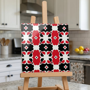 Retro Rot Schwarz Weiß Geometrisches Blumenmuster Fliese