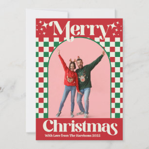 Retro-Rot und Grün-Weihnachts-Karo-Flachkarte Feiertagskarte