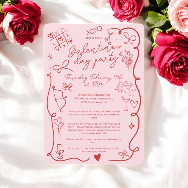 Retro Rot und Pastellrosa Galentin-Party Einladung (Retro Red and Pastel Pink Galentine's Day Party Invitation)