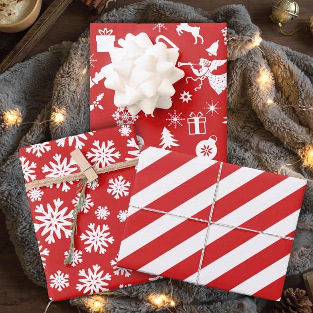 Retro Rot und Weiß Traditionelle Weihnachten Geschenkpapier Set (Retro Red and White Traditional Christmas Wrapping Paper Sheets)