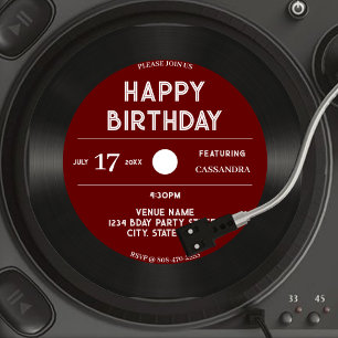 Retro-Rot Vinyl-Schallplatte Schwarz Happy Birthda Einladung