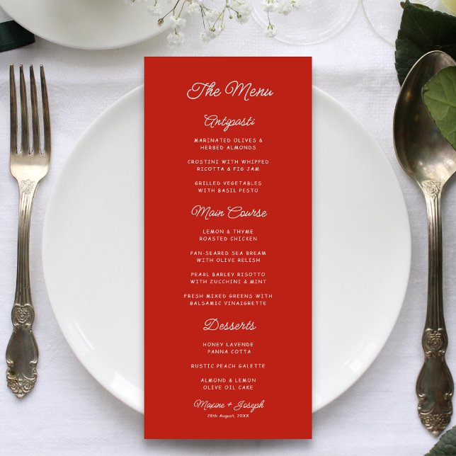 Retro-Rot-Weiße Hochzeit Menükarte (Retro red and white wedding menu adds vintage charm and a memorable dining touch.)