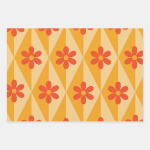 Retro-Rote Blumen auf orangen Vintage-Diamanten Geschenkpapier Set