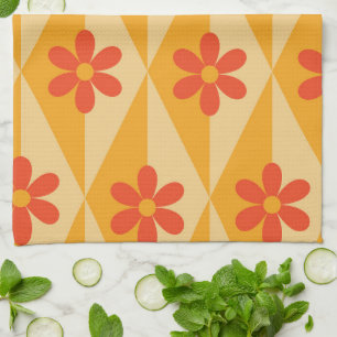 Retro rote Blumen auf orangen Vintage-Diamanten Geschirrtuch