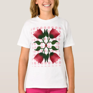 Retro-Rote Blumige Volkskunst mit Rosa Punkten Mus T-Shirt