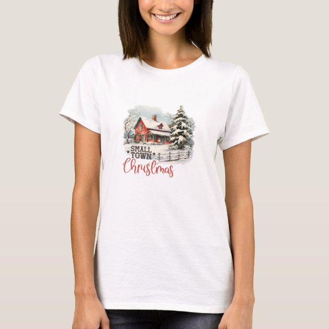Retro rote Scheune Kleinstadt Weihnachtswelt gemüt T-Shirt (Vorderseite)