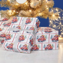 Retro roter LKW in Schneeflocken Geschenkpapier