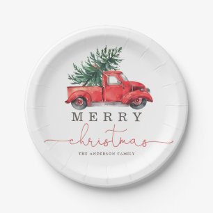 Retro roter LKW und Weihnachtstanne Pappteller