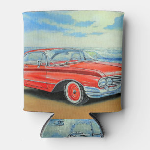 Retro rotes Auto, Küstenmalerei. Dosenkühler