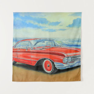 Retro rotes Auto, Meeresufer-Gemälde. Wandteppich