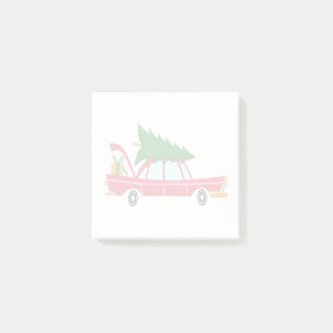 Retro rotes Auto mit einem Weihnachtsbaum Post-it Klebezettel