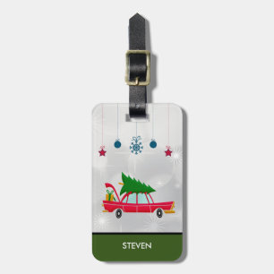 Retro-Rotes Auto mit Weihnachtsbaum Gepäckanhänger