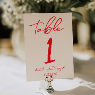 Retro-Rotes Handgeschriebenes Hochzeitstisch Numme Einladung