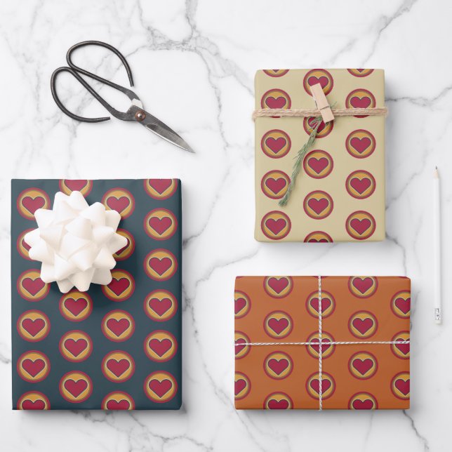 Retro Rotes Herz Gelb Orange Grün Geschenkpapier Set (Vorderseite)