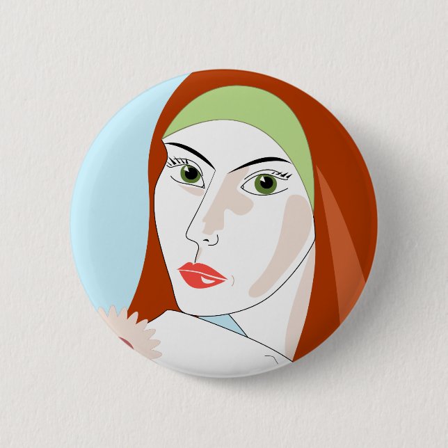 Retro-Rothaar-Porträt-Blumenmode-Kunst Button (Vorderseite)