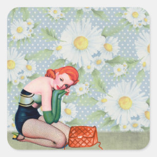 Retro Rotschopf Pin-up Girl Quadratischer Aufkleber