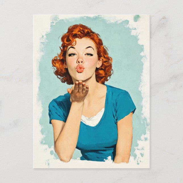 Retro-Rotschopf sendet süßen Kuss Postkarte (Vorderseite)