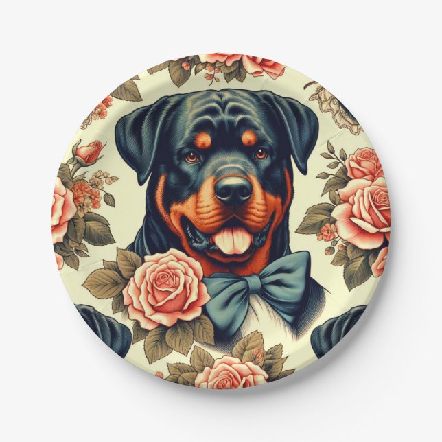 Retro Rottweiler Illustration Pappteller (Vorderseite)